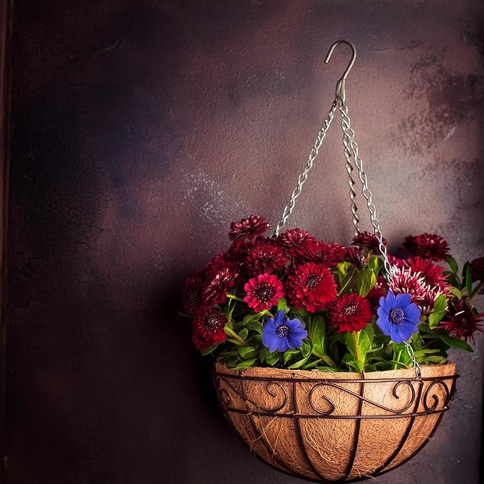 Ashman 14 Inch Metal Hanging Planter Basket with Coco Coir Liner Round Wire Plant Holder Chain Porch Decor Flower Pots Hanger Garden Decoration Indoor Outdoor Watering Hanging Baskets (4)