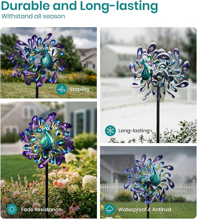Peacock Wind Spinner Metal Kinetic Turquoise Green Garden Yard Art | Hand-Crafted, Shimmering turquoise metal peacock sculpture, Auto-glow solar crackle ball, Stable 5-prong stake