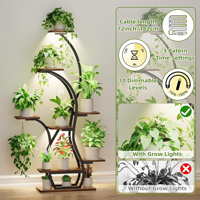 EVAWOO Plant Stand Indoor with Grow Lights - 8 Tiered Corner Plant Shelf Indoor, 65" Tall Lighted Plant Holder for House, Black