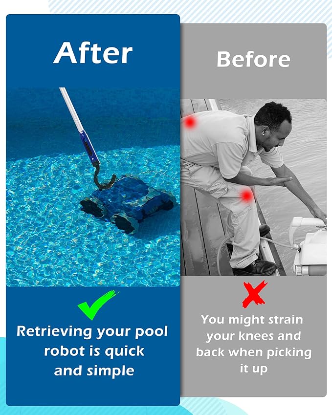 Pool Robot Retrieval Hook - 49.21 Inch Adjustable Stainless Aluminum Pole, Heavy-Duty Detachable Hook for Pool Robot Vacuum Robotic Pool Cleaner Including Cordless/Above Ground/Underwater Cleaners