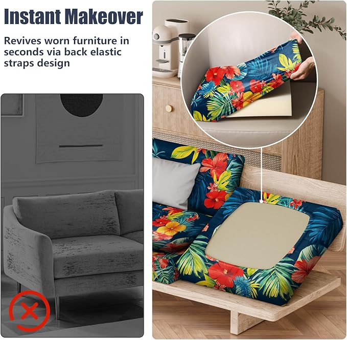 4Pcs Patio Cushion Covers, Stretch Couch & Sofa Replacement Slipcovers for Patio Furniture Cushion Covers, Washable Reusable Furniture Protector, Square Large, Big Flower