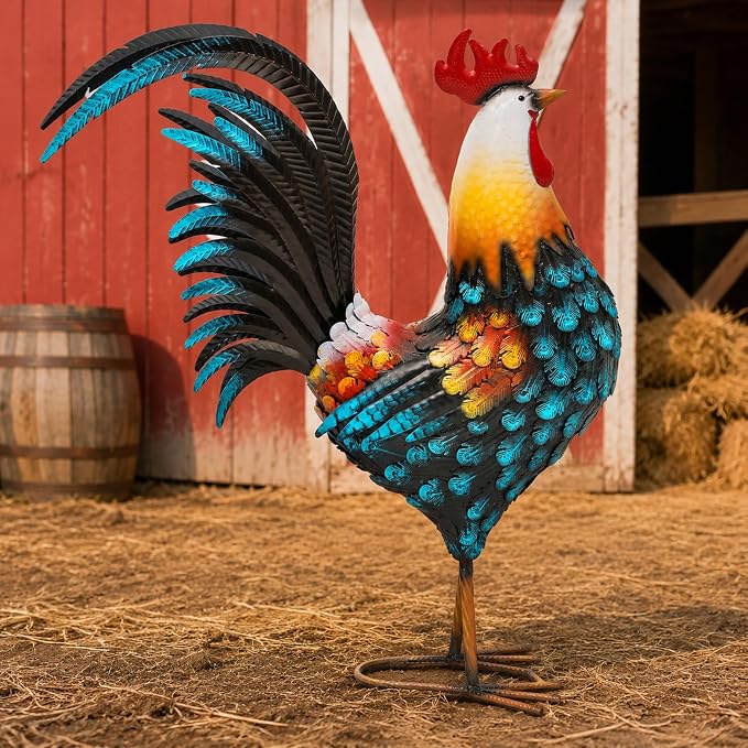 32" Metal Rooster Yard Decor, Large Outdoor Garden Statue | Outdoor Chicken Sculpture, 3D Hand-Painted, Rustic Farmhouse Style, Weather Resistant Iron, Backyard Patio Lawn Garden