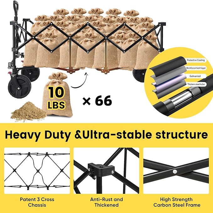 Sekey 48''L Collapsible Foldable Extended Wagon with 660lbs Weight Capacity, Heavy Duty 300L Folding Utility Garden Cart with Big All-Terrain Beach Wheels & Drink Holders. Khaki