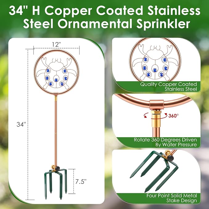 34" H Copper Coated Stainless Steel Ornamental Sprinkler, Corrosion Resistant Garden Rotating Sprinkler 360 Degree Shape Decorative for Lawn Garden Landscape (Ladybug)