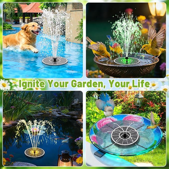 Solar Fountain with 3 Spray Height, Colorful Led Lights, 3.5W Glass Solar Bird Bath Water Fountain with 2000mAh Battery, 4 Rotating Rods and 7 Nozzles for Hummingbird Bathing, Outdoor Décor