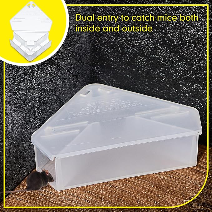 Qualirey 6 Pcs Mice Station with Key Triangle Mouse Station Lockable Reusable Bait Box, Enclosed Design for Indoor and Outdoor Use, Suitable for Small Mice (Translucent)