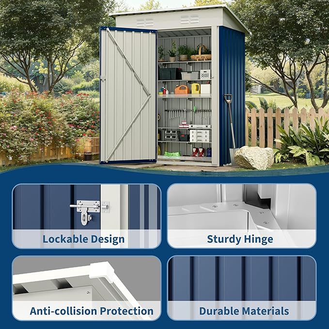 5x3 ft Outdoor Storage Shed with Lockable Door – Heavy Duty Metal Tool Shed with Dual Ventilation & Sloping Roof for Backyard, Garden, Patio, Bike & Equipment, Navy