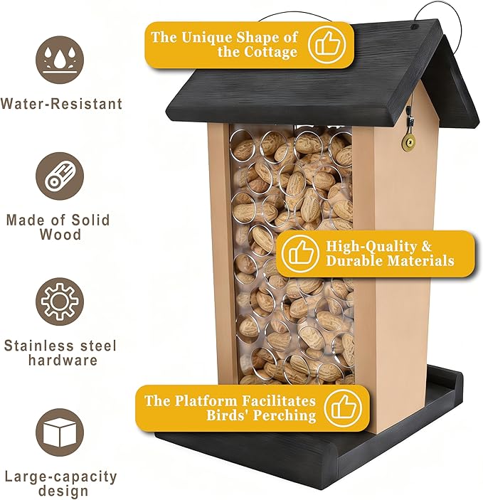 Crow Feeder - Hanging Whole Peanut Bird Feeder, Durable Solid Wood, Attracts Crows, Woodpeckers, Large Birds & Blue Jays - Outdoor Garden, Yard Use