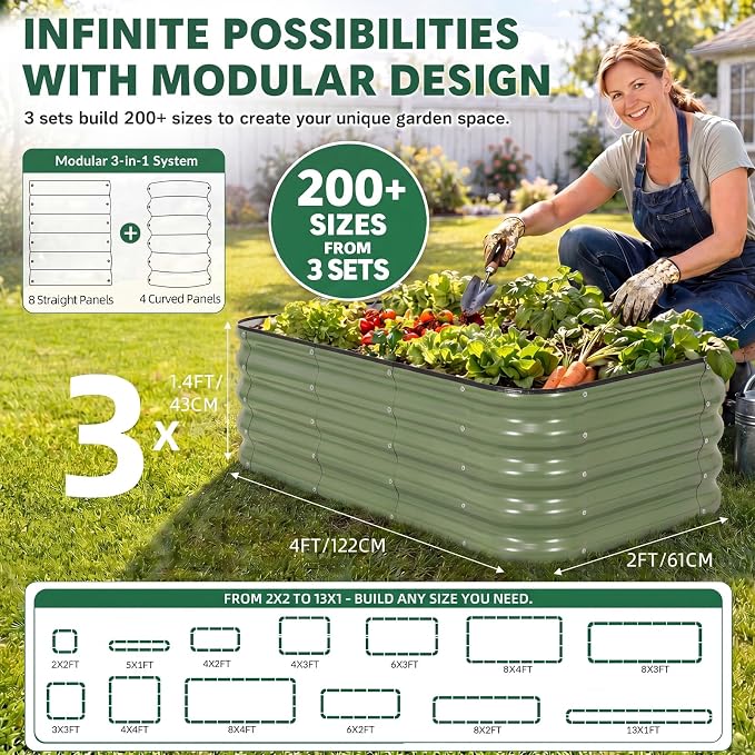 3 Pcs Raised Garden Beds Outdoor, 17" Tall 3-in-1 Modular 4x2ft Galvanized Metal Planter Box with Bracing Rods and Gloves for Vegetables Flowers Herbs, Olive Green