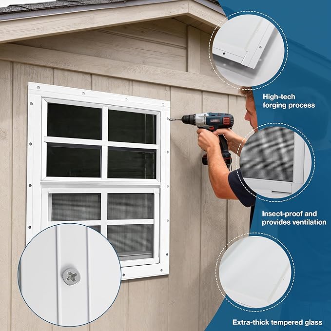 Yuzzy Shed Windows 2 Pack, Chicken Coop Windows 24" x 24" with Tempered Glass and Fiberglass Screen, Flush Mounted Small Window for Shed, Barns, Playhouse, Household, Garage (White)