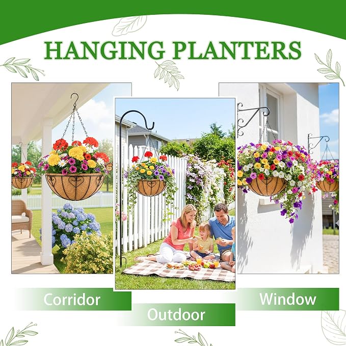 Hanging Planters for Outdoor Plants 4 Pack 12 inch Metal Hanging Flower Basket with Coco Coir Liner Wire Plant Holder Watering Flower Baskets Pot Hanger Garden Decoration for Indoor Outdoor(AXL)