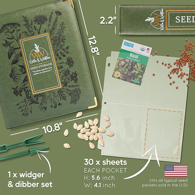 Create-ables Willow and Wildflower Garden Seed Organizer Binder, Seed Storage Organizer, Garden Binder Book for Packet Storage Catalog Can Store 120 Packets with Dibber and Widger (Moss Green)