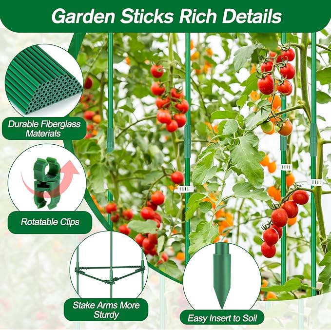 Qinzave 256PCS Garden Stakes Set with 75PCS 16 Inch Fiberglass Plant Sticks and Stake Arms, DIY 4ft 5ft 6ft 7ft 8ft Tomato Stakes, Garden Stakes for Vegetables Tomato Pepper Indoor Outdoor Plants
