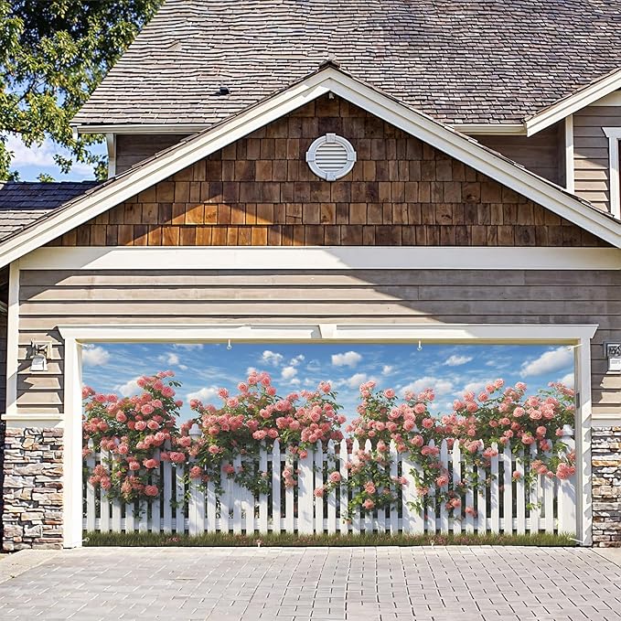 6 * 13FT Summer Rose Garage Door Cover Decorations Rose Garage Door Banner for Outdoor Indoor Summer Party Photography Backdrop