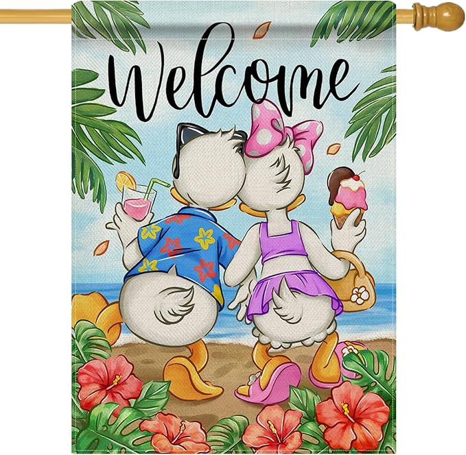 Selmad Welcome Summer Cartoon Duck Decorative House Flag, Beach Coastal Hibiscus Flower Tropical Home Yard Garden Outdoor Decor, Hawaii Nautical Seasonal Large Outside Decoration Double Sided 28 x 40