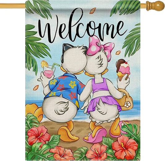 Selmad Welcome Summer Cartoon Duck Decorative House Flag, Beach Coastal Hibiscus Flower Tropical Home Yard Garden Outdoor Decor, Hawaii Nautical Seasonal Large Outside Decoration Double Sided 28 x 40