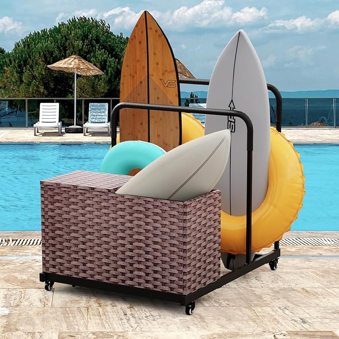 FONTOI Pool Storage, Pool Float Storage Bin with Wheels, Waterproof Metal with Rattan Pattern UV Print Outdoor Pool Towel Rack, All-Weather Float Storage Organizer for Cushions, Brown