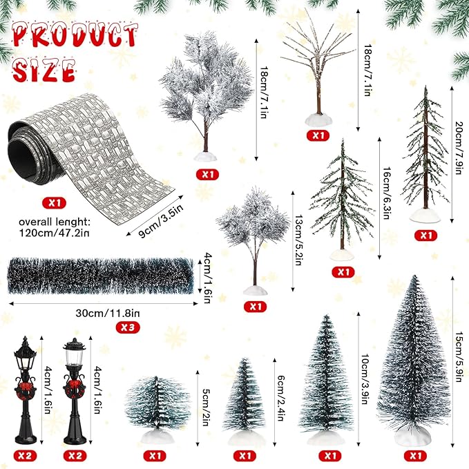 Hotop 18pc Christmas Village Accessories 47.2 Inch Village Roads Mini Snowy Trees Streets Light Lamppost Hedge Figurines Set for Display Winter Holiday Decorations DIY Crafts No Batteries(Trendy)