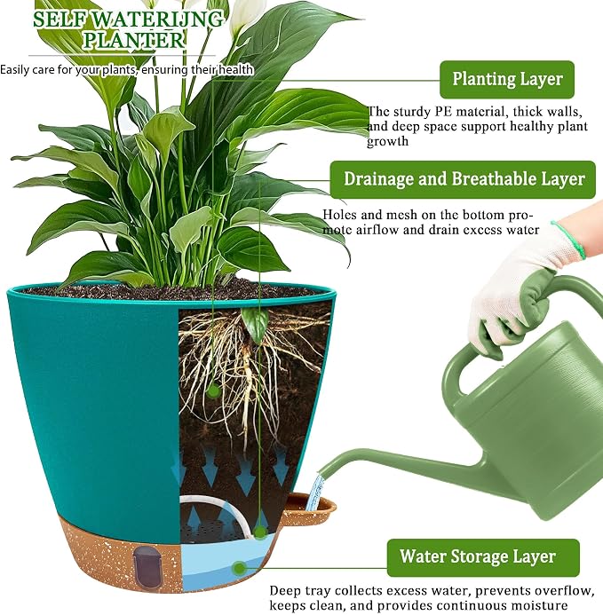 2 Pack 8 inch Plant Pots, Plastic Self Watering Planters with Drainage Holes, Deep Reservoir, Water Level Indicator, Modern Decorative Flower Pots for Indoor Outdoor Plants (Turquoise)