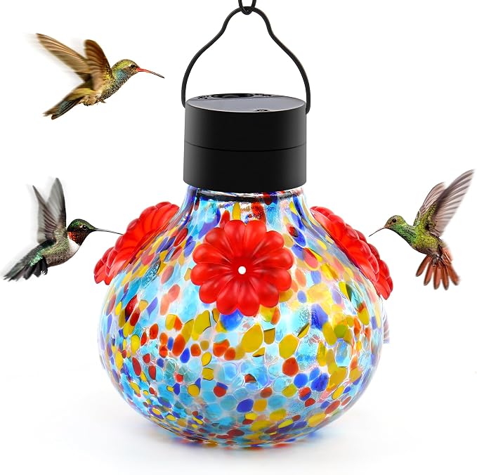SAVENNA Hand Blown Glass Solar Hummingbird Feeder with Soft Night Light, 17oz Leak-Proof Decorative Feeder for Outdoor Garden Patio Yard – Multicolor