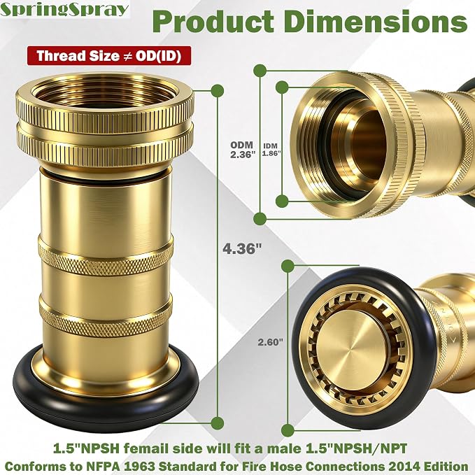 1-1/2" NPSH/NPT Brass Fire Hose Nozzle, Heavy Duty Adjustable Spray Jet Fog Nozzle, Constant Flow Industrial Firefighter Nozzle, 85 GPM, 100 PSI