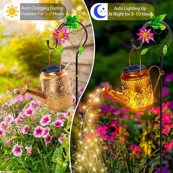 Solar Hummingbird Flowers Watering Can Lights, Gifts for Mom Grandma Women Wife Daughter Mother's Day, Waterproof Outdoor Garden Decor with Shepherd Hook, Hanging Lights for Yard Porch Backyard Patio