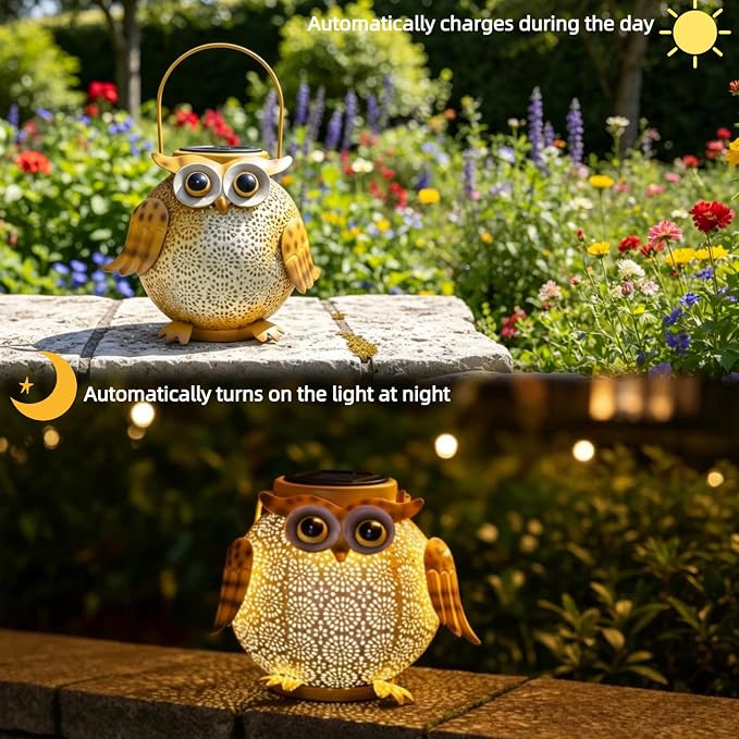 Solar Owl Lights Outdoor Waterproof - Hanging Solar Lanterns for Garden, Patio, Yard, Pathway - Vintage Metal Owl Solar Garden Lights, Outdoor Hanging Solar Lights for Outside Decor (1 Pack, Yellow)