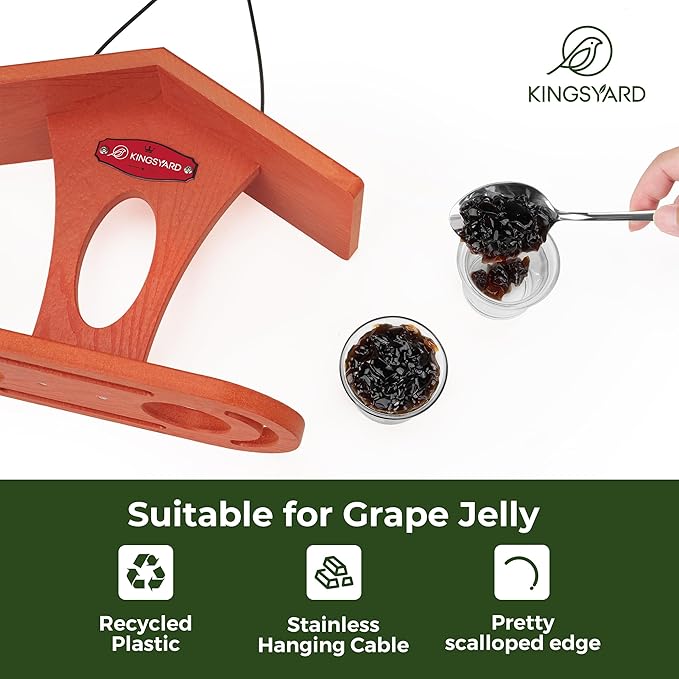 Kingsyard Bird Feeder for Outdoor Hanging, Recyceled Plastic Oriole Jelly Feeder, Two Dishes w/ 5 oz, Durable & Weatherproof, for Bird Lovers, Orange