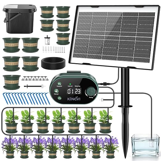 Solar Drip Irrigation System Kit, Auto Watering Kit for 15 Pots, 3W Solar Powered Auto Easy DIY Watering Device,22 Timing Modes with with Anti-Siphoning Device & Buckets and Flower Pots