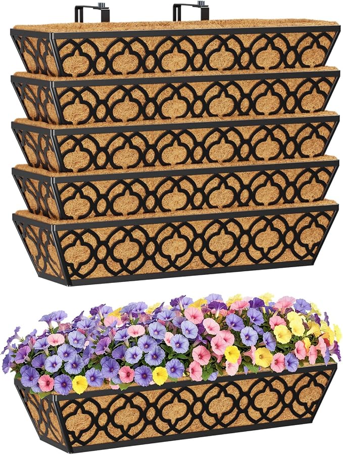 HFHOME 24 Inch Railing Planter Box with Coco Liners for Porch Fence Patio Balcony Hanging Flower Railing Baskets with Adjustable Brackets for Outdoor Garden - 6 Packs