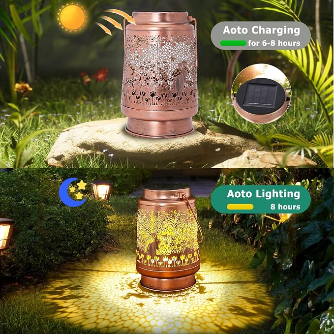 Rabbit Solar Lanterns Outdoor Waterproof - Metal Garden Decor for Outside, Hanging Bunny Lights for Patio Yard Porch Lawn, Animal Figurine Gift for Women Mom Grandma