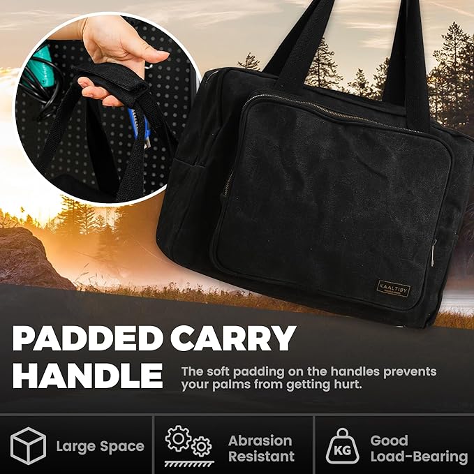Canvas Tote Bag, 16OZ Waxed Canvas Tool Bag Organizer - 1 Large Capacity & 2 Zipper Pouches - Multipurpose Garden Tote, Tool Storage Tote for Horticulturist Contractor Plumber Electrician - Black