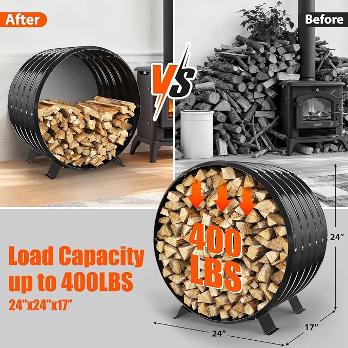 24" Firewood Rack with Roof Cover, Indoor & Outdoor Log Holder Keeps Firewood Dry, Clean & Organized for Fireplace, Patio & Backyard, Heavy-Duty Steel Wood Storage Rack, 400LBS Capacity