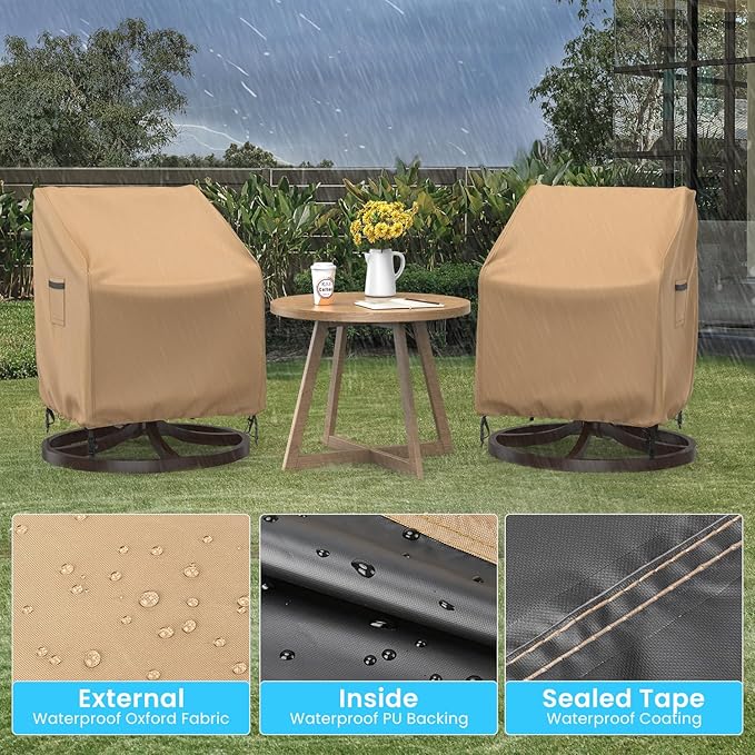 Swivel Patio Chair Covers, 2 Pack Waterproof Outdoor Rocking Chair Covers, Lawn Patio Furniture Covers, Heavy Duty Lounge Chair Cover, 33" W×37" D×38.5" H, Brown