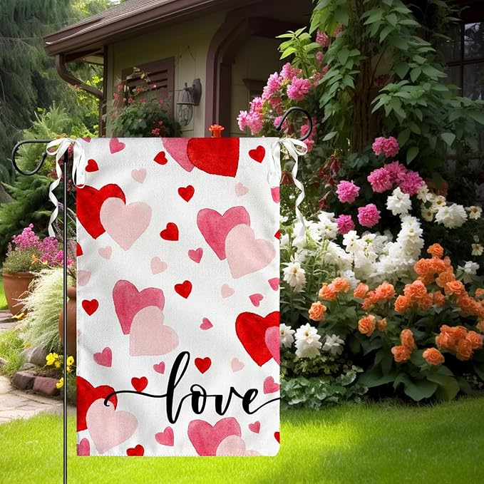 Love Heart Garden Flag Valentine Yard Flag Red And Pink Hearts Garden Flags Polyester Double Sided Anniversary Wedding Sweety House Banner for Spring Home Outdoor Decor 12x18 Inch