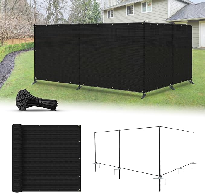 6'x133' Privacy Fence Kit Freestanding Mesh Screen with Iron Poles Temporary Fencing Outdoor Patio Backyard Divider Dog Air Conditioner Trash Fence Black Custom