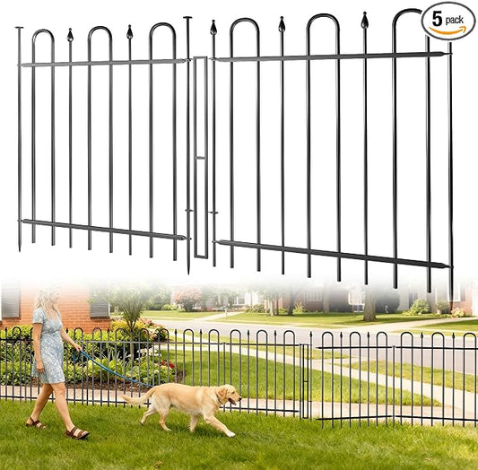 12.1ft(L) x 32.3in(H) 5 Panels Metal Decorative Garden Fence with Gate, No Dig Animal Barrier Fence, Garden Border Fence Panels with Ground Stake, for Pets, Flower Bed, Yard, Patio