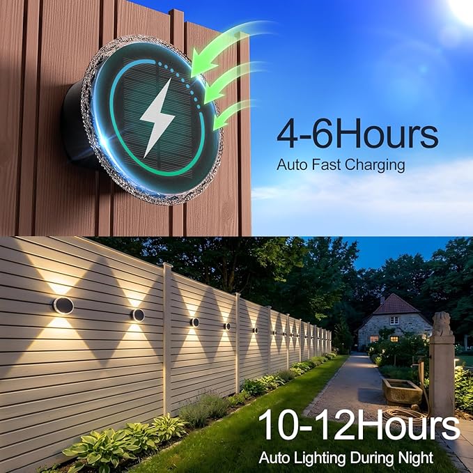 Ellasay Solar Fence Lights Outdoor: 360° Circular Lighting Solar Powered Wall Lights 12 Hours Long Runtime Up and Down Waterproof IP65 & 3 Modes High Brightness LED Focus Lens for Fence/Yard - 6 Pack