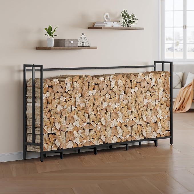 MAHANCRIS 8ft Firewood Rack Outdoor with Oxford Cover, Heavy Duty Firewood Log Rack and Waterproof Cover with Zipper, Wood Rack for Fireplace, Indoor Firewood Storage, Black, FKBK24801