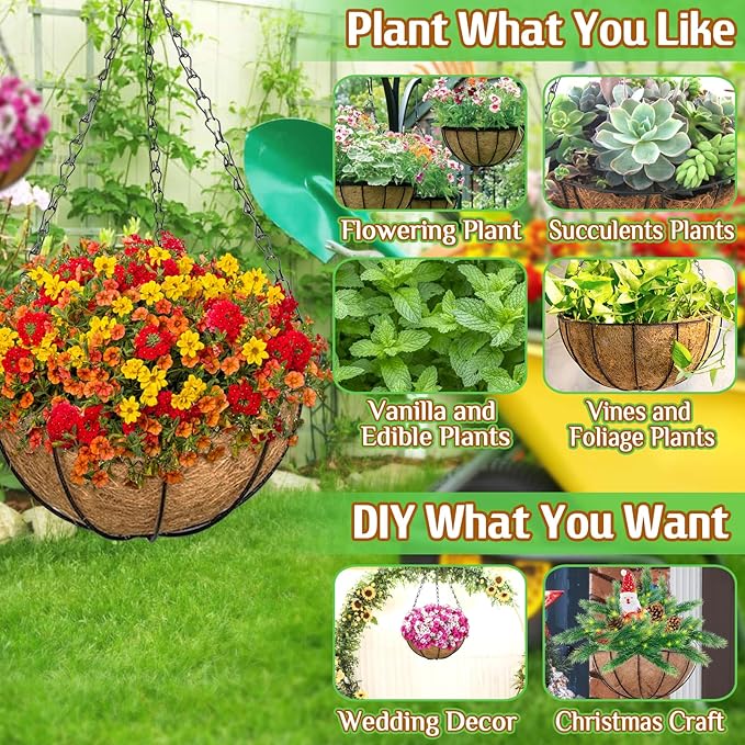 ZeeDix Outdoor Hanging Baskets, 2 Pack 12 Inch Metal Round Wire Hanging Planter with Coconut Liners Replacement, Hanging Flower Pots for Outdoor Plants Flowers