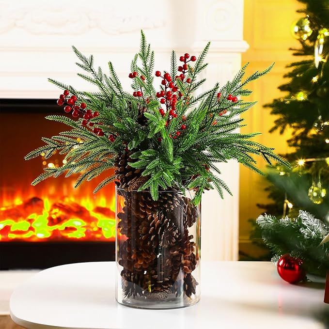 Shappy 42 Pcs Christmas Table Centerpieces DIY Farmhouse Christmas Centerpieces for Dining Table 6 Norfolk Pine Branches 30 Pine Cones 5 Red Berry Stems 1 Glass Vase for Kitchen Tabletop Decorations