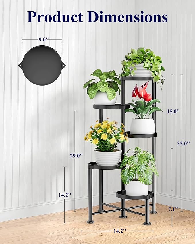 Kitsure Plant Stand Indoor & Outdoor - 5-Tier Plant Shelf with Deep Trays & Leveling Feet, Easy Assembly, Space-Saving Tiered Plant Stand for Bedroom, Living Room, Porch, Black