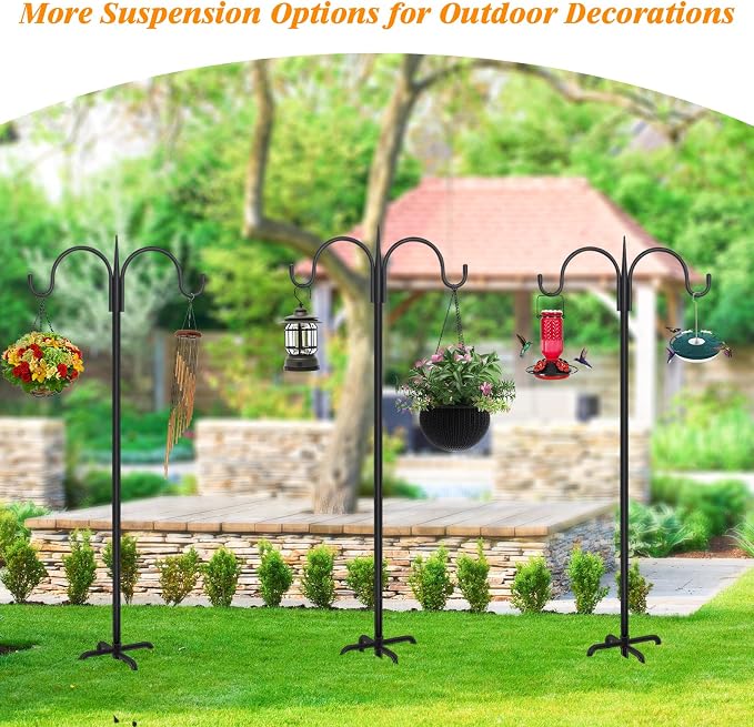 FEED GARDEN Heavy Duty Shepherds Hook 92" Double Hooks Adjustable (44/60/76/92") - Metal 5-Prong Base, 15lb Capacity - Easy Assembly Bird Feeder Pole for Hanging Planters, Lanterns, Wind Chimes