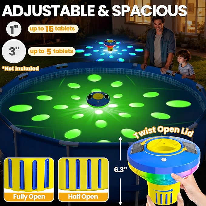 AquClor 2026 New Pool Chlorine Floater,Large Capacity Chlorine Floaters for 5 * 3'' Chlorine Tabs,Solar Chlorine Floater w/Light,Adjustable Floating Chlorine Dispenser for Pool,Hot Tub,Yellow