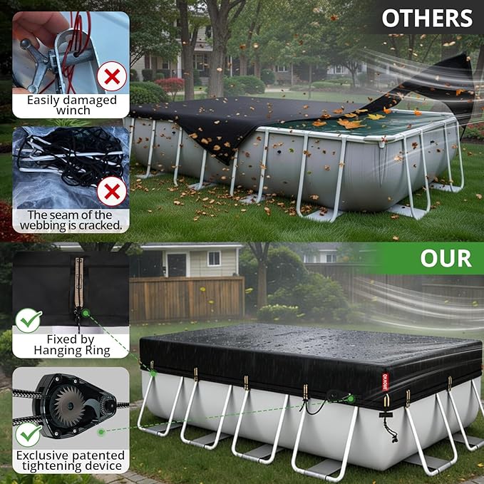 QH.HOME 8x16ft Rectangular Pool Cover,[Ultimate Windproof & Tear-Resistant Fabric],Snug Fit with Patented Ratchet & Weight Rings,Solar Pool Cover for Above Ground Pools, Blocks Leaves &Waterproof