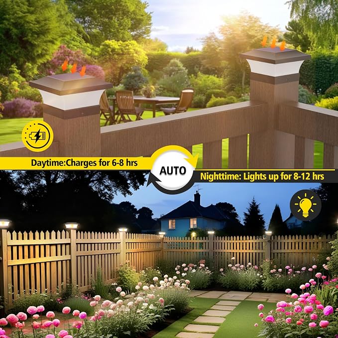 T-SUN 4X4 Solar Post Cap Lights, 2 Pack Warm White LED Fence Post Solar Lights, Outdoor Waterproof Post Lights for Wood & Vinyl Fence Posts, Deck, Patio Railing, Porch, Black