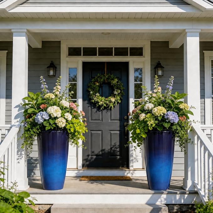 22.8" H Gradient Blue Planters for Outdoor Plants, Set of 2 Large Flower Pot with Drainage Hole, Weather-Resistant for Porch,Garden,Patio or Indoor Use
