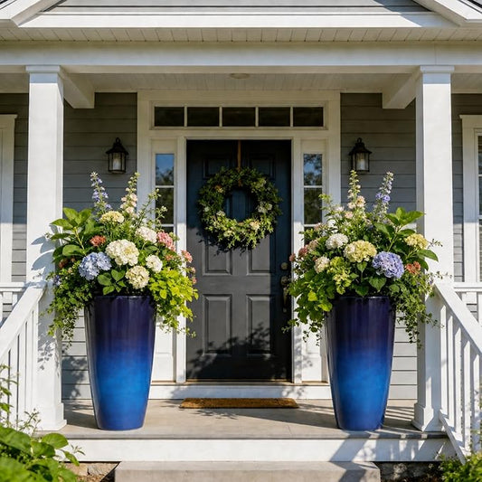 22.8" H Gradient Blue Planters for Outdoor Plants, Set of 2 Large Flower Pot with Drainage Hole, Weather-Resistant for Porch,Garden,Patio or Indoor Use