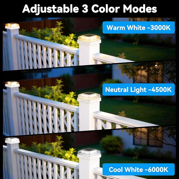 Solar Post Cap Lights, 12-Pack Fence Post Solar Lights for 4x4 Wood/Vinyl Posts, IP65 Waterproof, 10-12 Hours of Illumination with 3 Lighting Modes for Garden/Patio/Porch - White