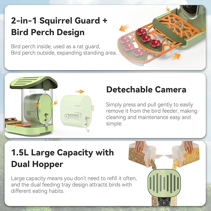 Rayki Smart Bird Feeder with Camera Solar Powered, 2k Hd Live Video & Ai Identification 10,000+ Bird Species, Outdoor Watching Birdhouse for Garden, Ideal Birthday, Christmas Day Gift for Lover